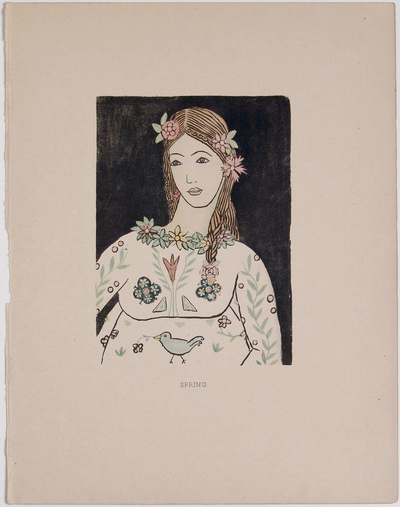 1919 PAMELA BIANCO Flora Fantasy Print SPRING: This is a vintage children's fantasy print from the 1919 1st edition book "Flora" which grew out of an exhibition of the drawings of 12-year-old Pamela Bianco. The exhibition was held in the Leicester