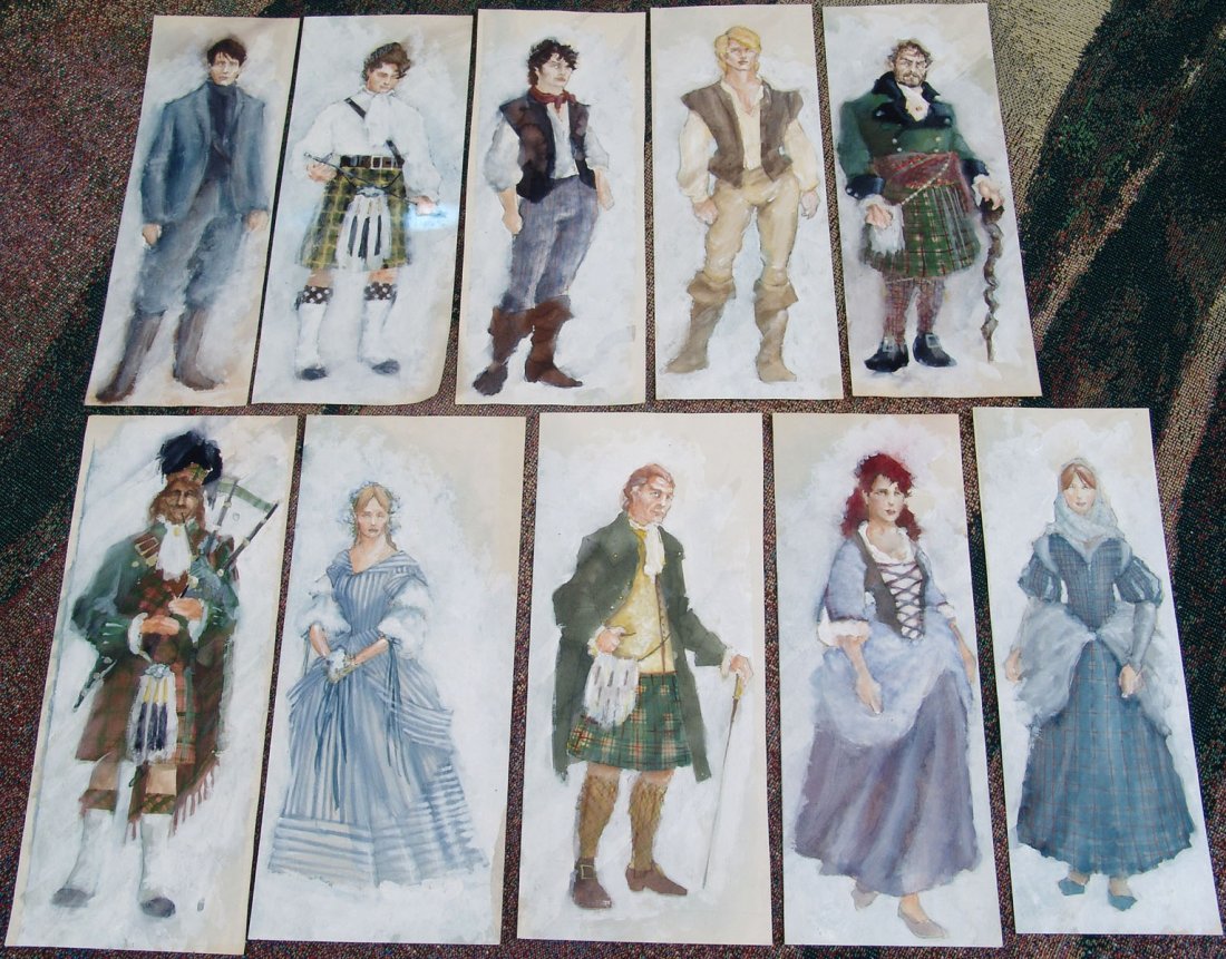 Vintage Original Theatre Costume Paintings BRIGADOON: This is a lot of 10 beautiful original costume/character watercolor paintings (approx. 5" x 12" each) created for a theatrical production of the Lerner and Loewe musical Brigadoon. They are from the e