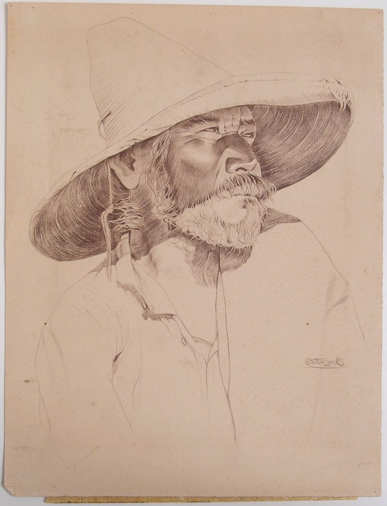 Vintage Original Drawing - Old Asian Man Wearing Hat: This is a vintage original drawing of an old Asian man. Signed, but we cannot make out the signature. SIZE: Approx. 10" x 12 3/4". ****** We provide in-house shipping. Low shipping costs! Combine item