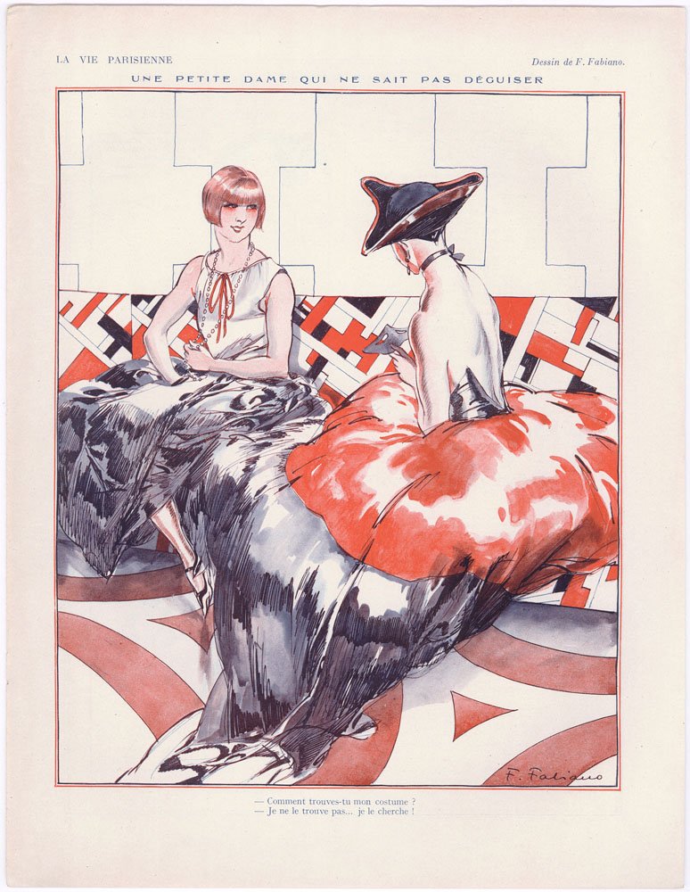 LA VIE PARISIENNE 1926 Print Masquerade Dames: This a vintage 1926 Art Deco French print from the erotic French magazine La Vie Parisienne. Titled Une Petite Dame Qui Ne Sait Pas Deguiser. This is a quality internal color illustration with images 
