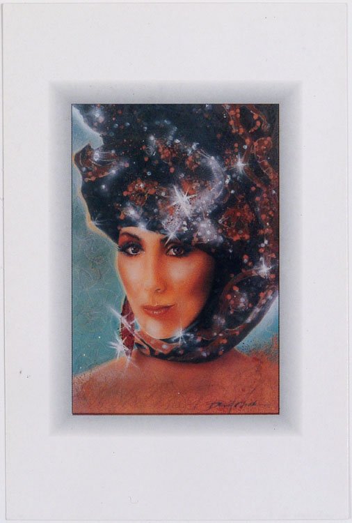 Vintage 1995 Postcard CHER Art by David Chick: This is a vintage 1995 postcard featuring artwork of Cher by artist David Chick, N.Y.C. Printed in Italy. SIZE: Approx. 4" x 6". **MORE postcards from 1950s to 1990s (risque, nude, art sci-fi, odditie