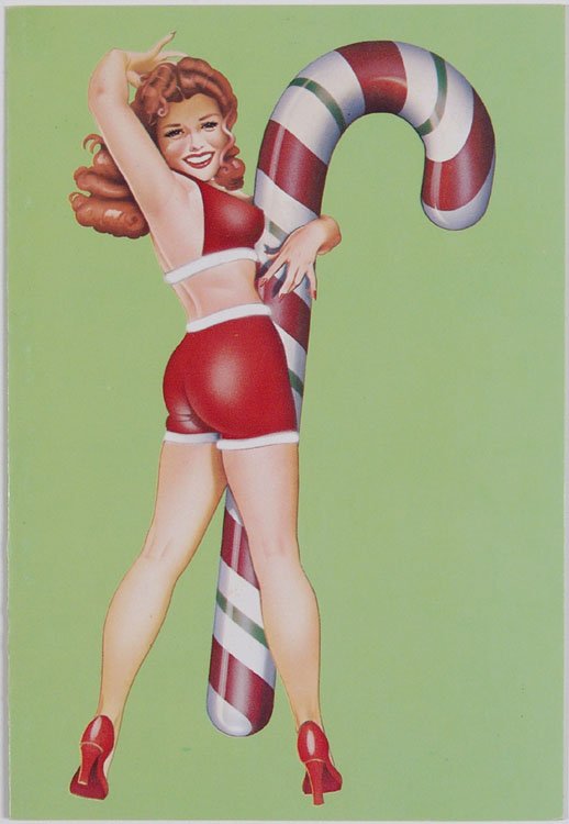 1977 Risque Christmas Greeting Card SANTA'S HELPER: This is a vintage 1977 greeting card with artwork by David Willardson titled Santa's Helper - a redhead in lingerie holding a giant candy cane. Paper Moon Graphics. SIZE: Approx. 4 1/2" x 6 3/4". **MO