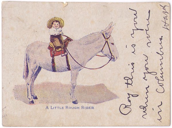 Vintage 1907 Postcard A LITTLE ROUGH RIDER: This is a sweet little vintage 1907 Teddy Roosevelt-related postcard."A Little Rough Rider." A very little guy wearing a little sombrero and sitting on a burro. Postmark from Colorado. SIZE: Approx. 5