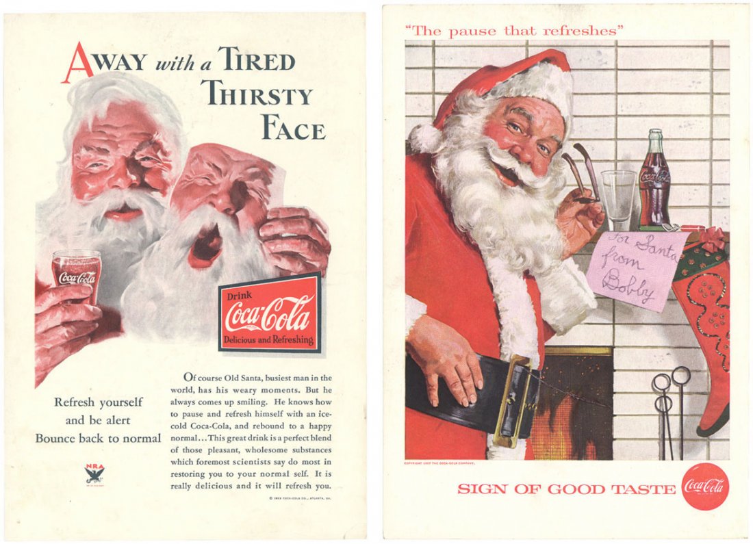 1933 & 1957 Coca-Cola Ads - Changing Santa Claus Faces: These are two vintage Coca-Cola Santa Claus ads. An example of the changing illustrated faces. The first, 1933 (as marked), shows the traditional Santa Claus. Classic Tired & Thirsty Face image. The r