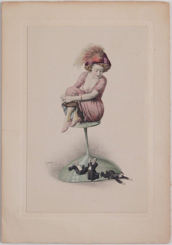 Antique Fantasy Card Girl Traps Little Men Under Glass: This is a very rare antique Victorian or Edwardian era fantasy card with art by Kuderney. It features a tinted illustration of tiny men captured under a woman's enormous champagne glass. Attached to a
