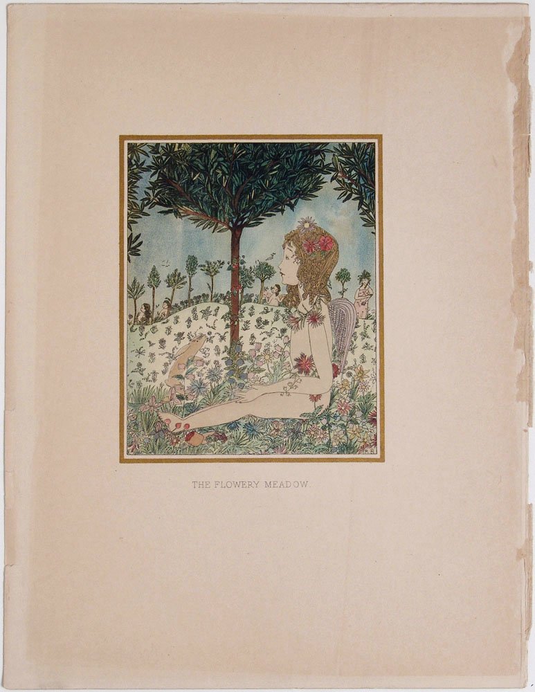 1919 PAMELA BIANCO Flora Fantasy Print FLOWERY MEADOW: This is a vintage children's fantasy print from the 1919 1st edition book "Flora" which grew out of an exhibition of the drawings of 12-year-old Pamela Bianco. The exhibition was held in the Leicester