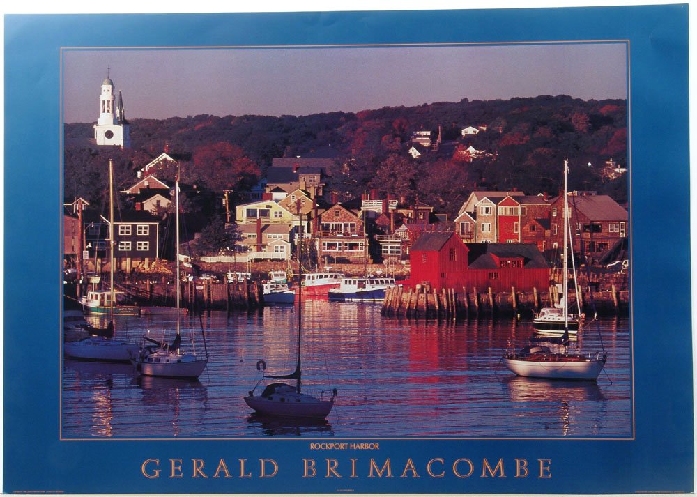LARGE Photo Print ROCKPORT HARBOR by Gerald Brimacombe: This is a nice photograph print by Gerald Brimacombe titled Rockport Harbor. A great view from outside the harbor of scenic Rockport, Massachusetts. Published in 1988 by Voyageur Art, Minneapolis, Min