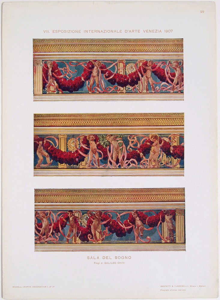 1910s MODELLI D'ARTE DECORATIVA MILANO Print CHINI: This is an antique circa 1910s color plate print from the scarce Italian portfolio series titled "Modelli D'Arte Decorativa." Artist: Galileo Chini. Print title: "Sala del Sogno." There is nothing on