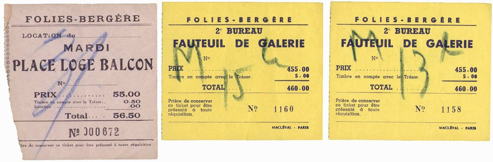 Three Vintage Folies Bergere Tickets: This is a group of three vintage (we believe 1960s) tickets for the famous Folies-Bergere in Paris. SIZE: Approx. 3" x 3" each. The Folies Bergere is a cabaret music hall, located in Paris, France.Est