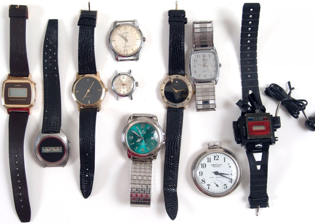 Lot of 10 Various Watches: This is a lot of 10 watches of various types - some digital, some analog, some with straps/bands, some without. Brands include Gucci, Timex, Texas Instruments, Rockland, and Westclox. We have no other