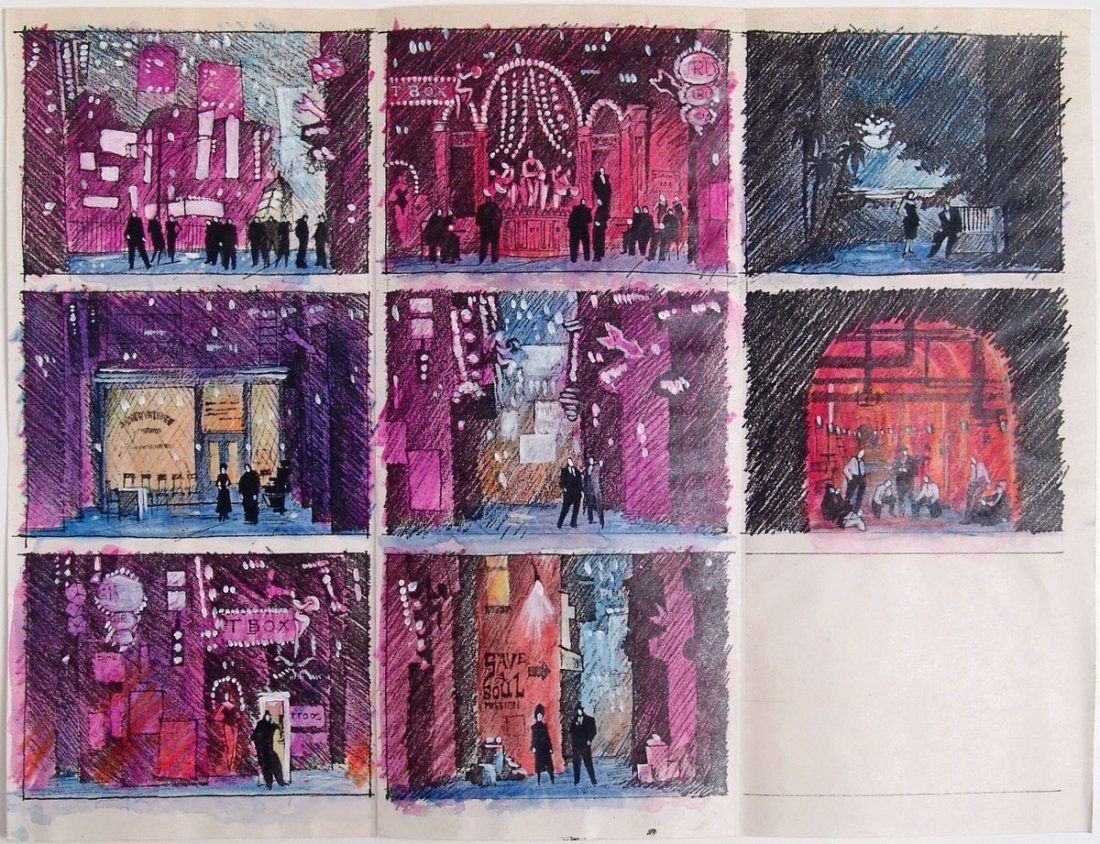 Original Theatre Set Drawing & Painting GUYS AND DOLLS: This is a lot from the estate of well-known New York theatre costume designer and set designer Craig Clipper. This lot includes an original drawing plus a color painting of a montage of eight differen