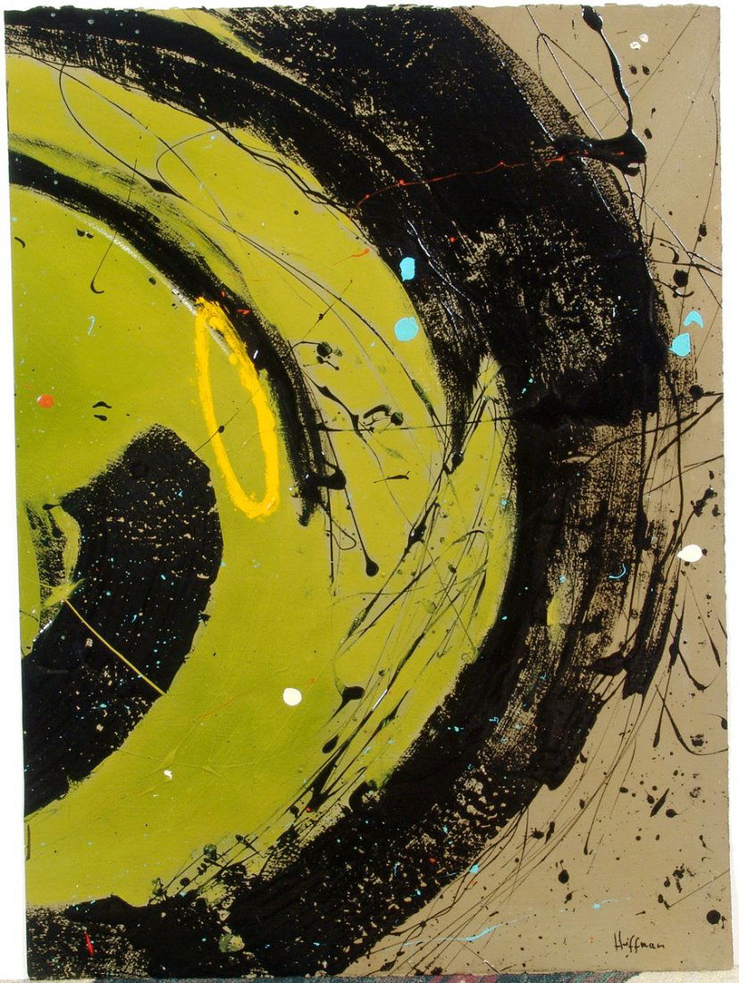 Original Painting Acid Green Modern Abstract by HOFFMAN: This is an original abstract painting by Hoffman. Hand-signed. Painted on thick paper, this piece has texture from swirls and globs and has a glossy finish. SIZE: 22" x 30". ****** We provide in-house
