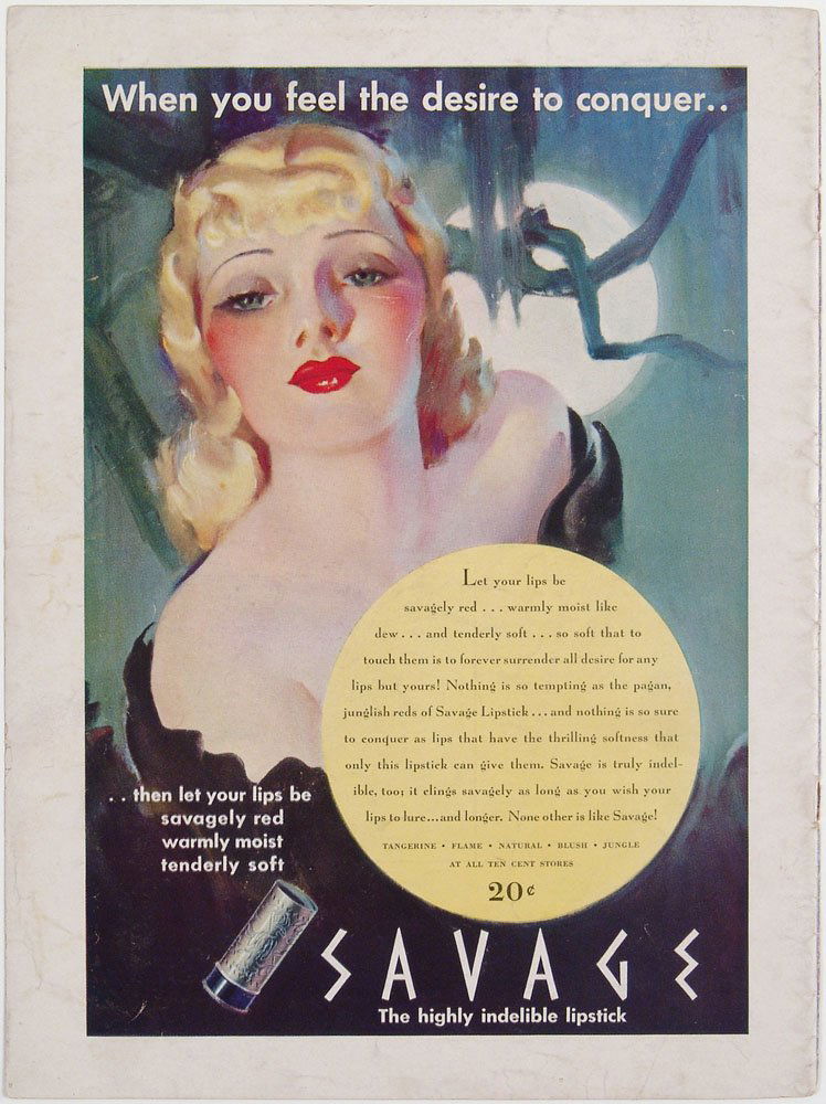 Antique Art Deco Ad SAVAGE Lipstick - Red-Lipped Blonde: This is an old vintage advertisement for Savage lipstick. A "savage" red-lipped blonde in front of a full moon. SIZE: Approx. 8 1/2" x 11 1/2". ****** We provide in-house shipping. Low shipping costs!