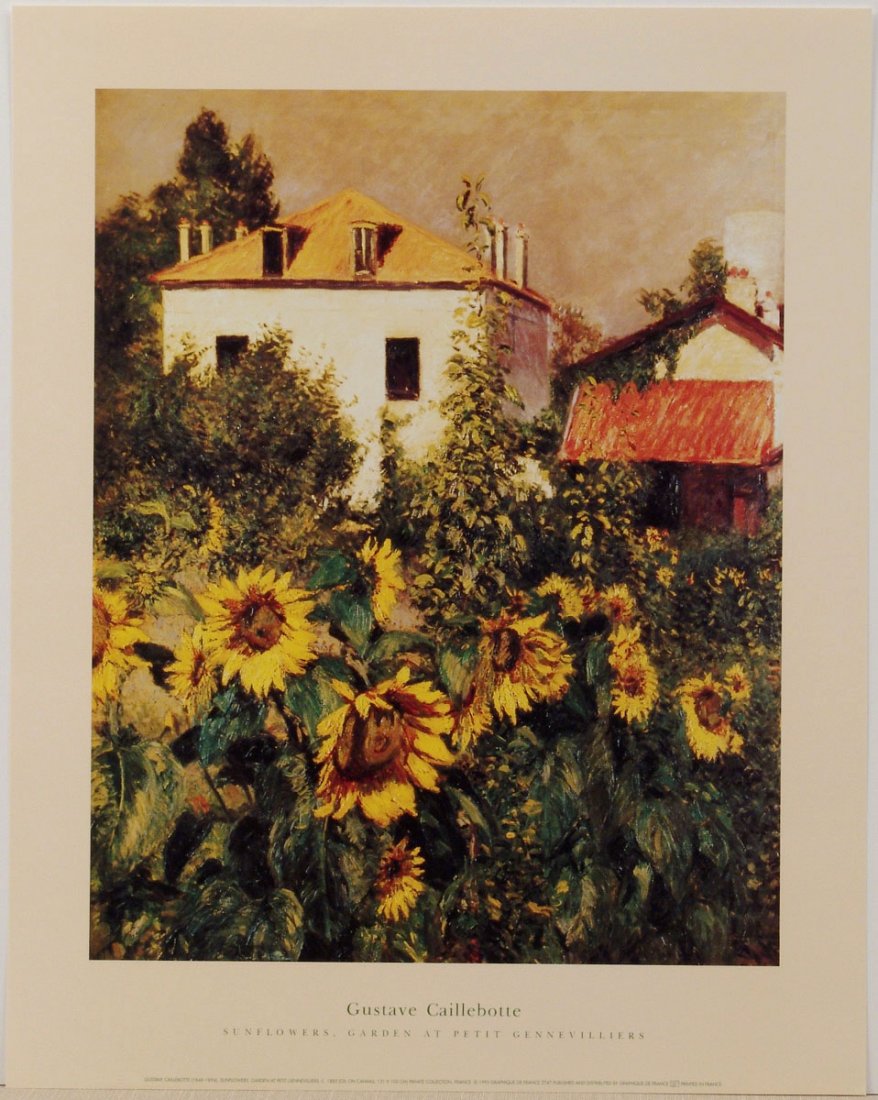 1995 Poster CAILLEBOTTE Sunflowers Petit Gennevilliers: This is a 1995 print/poster by Gustave Caillebotte titled Sunflowers, Garden at Petit Gennevilliers. Printed in France. Graphique de France.SIZE: Approx. 16" x 20". Gustave Caillebotte (19 August 1848