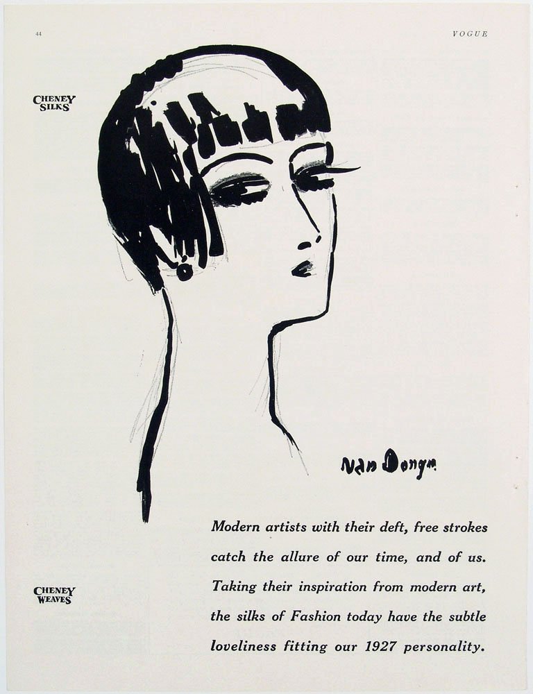 Antique 1926 Vogue Ad - Artwork by KEES VAN DONGEN: This is an antique advertisement for Cheney Silks/Cheney Weaves from the November 15, 1926 Vogue magazine featuring a drawing by famous Dutch artist Kees van Dongen. SIZE: Approx. 9 1/2" x 12 3/4" ***