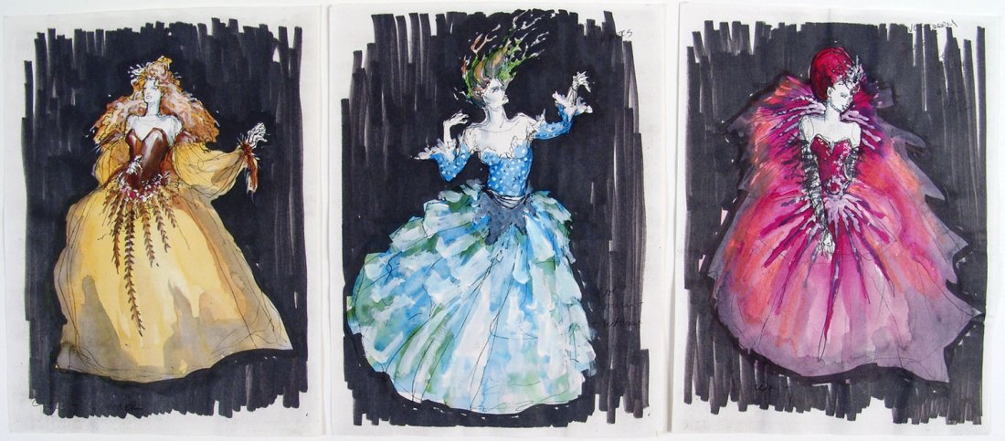 Orig Theatre Costume Drawings DUKE BLUEBEARD'S CASTLE: This is a lot of three original hand-colored mixed media costume/character drawings from a theatrical production of Duke Bluebeard's Castle. They are from the estate of well-known New York theatre cos