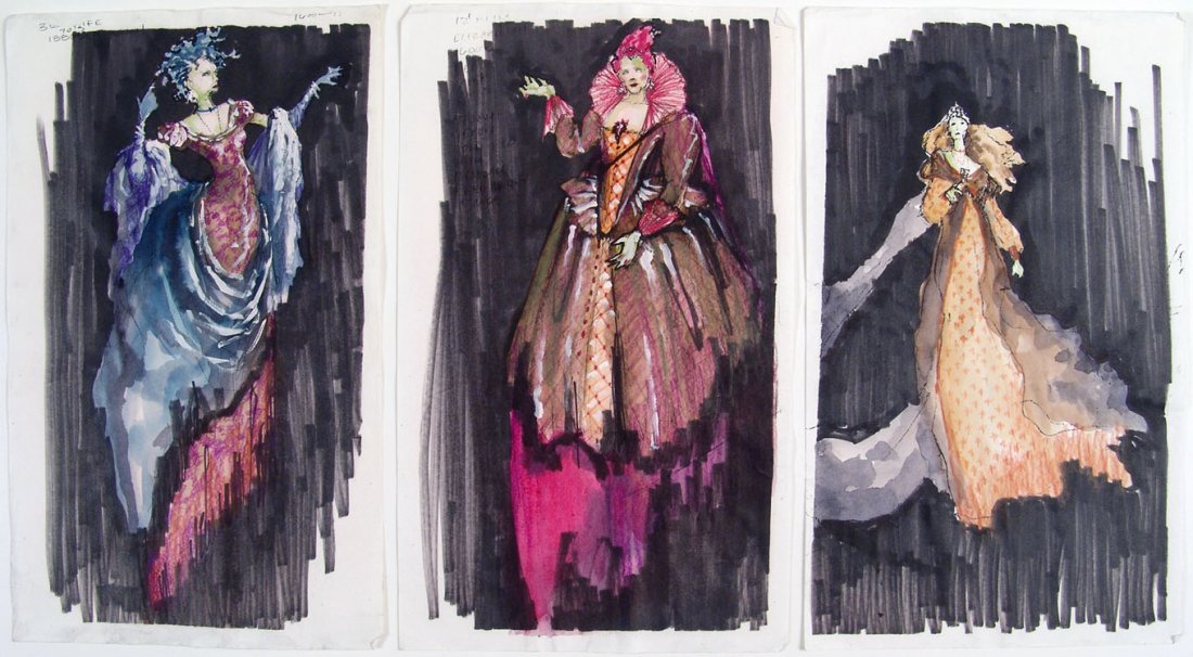 Orig Theatre Costume Drawings DUKE BLUEBEARD'S CASTLE: This is a lot of three original hand-colored mixed media costume/character drawings from a theatrical production of Duke Bluebeard's Castle. They are from the estate of well-known New York theatre cos