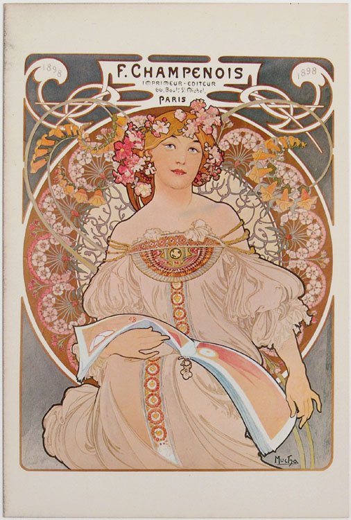 Large Vintage 1969 Postcard CHAMPENOIS Mucha: This is a vintage 1969 postcard featuring artwork by Alphonse Mucha titled Champenois. Sandy Val Graphics Ltd. SIZE: Approx. 6" x 9". Art Nouveau and Turn-of-the-Century Posters in miniature by Sandy