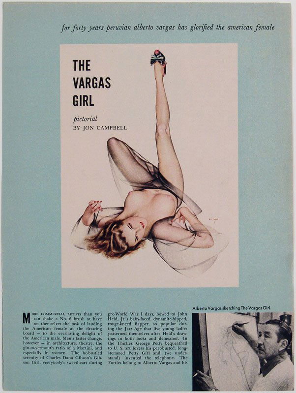 1958 Portfolio THE VARGAS GIRL Pictorial: This is a portfolio from a circa 1958 Playboy magazine featuring works by Alberto Vargas. Titled The Vargas Girl, it includes nine Vargas girls. Note that these are on consecutive pages, so most pages