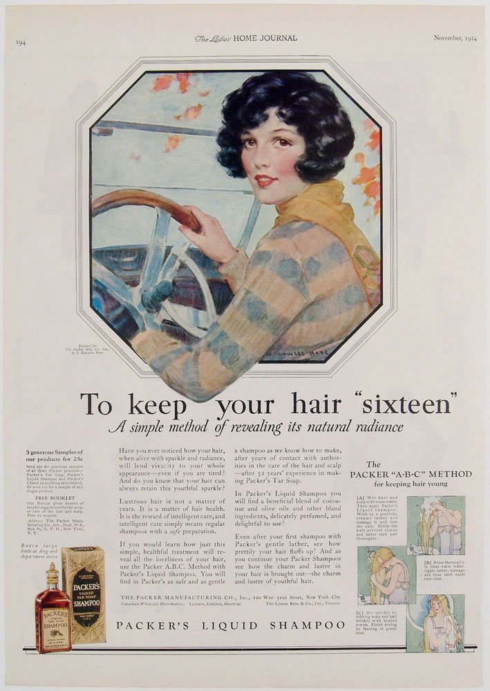 Antique 1924 Deco Packer's Shampoo Ad J. KNOWLES HARE: This is an antique 1924 Packer's Liquid Shampoo advertisement with artwork by J. Knowles Hare. From the November, 1924 The Ladies' Home Journal. There is an Arrowhead Ankle-Clinging Hosiery ad on the 