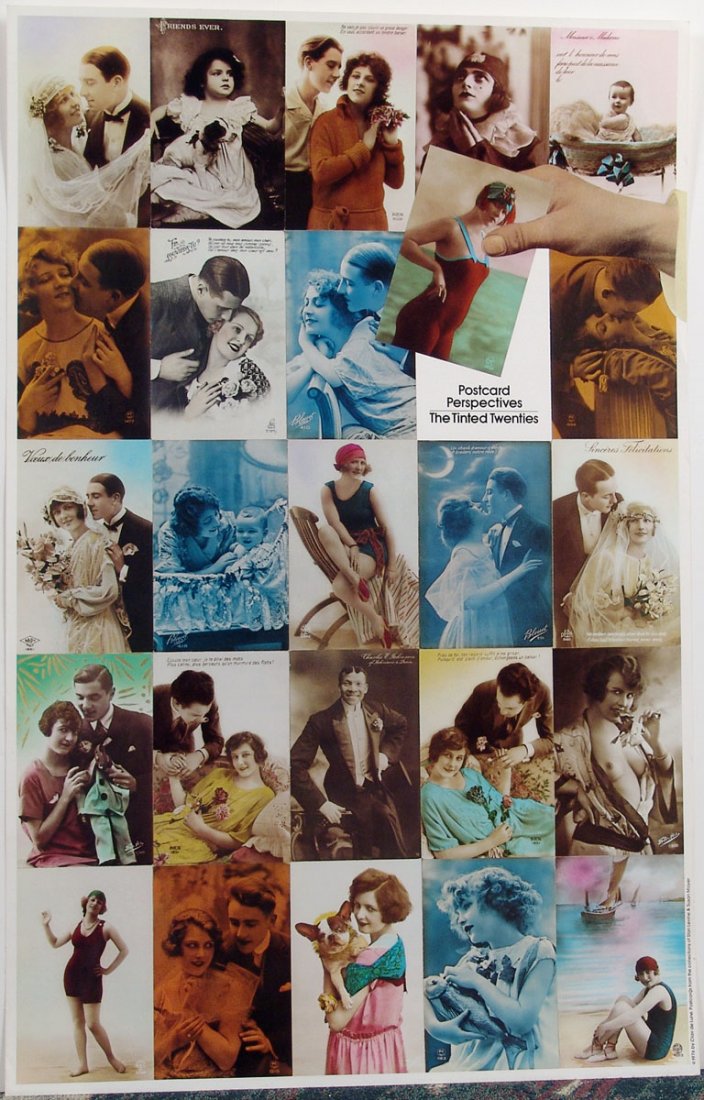 1976 Poster POSTCARD PERSPECTIVES: THE TINTED TWENTIES: This is a vintage 1976 print/poster featuring tinted postcards from the 1920s. Titled Postcard Perspectives: The Tinted Twenties, it was published by Clair de Lune. SIZE: Approx. 17" x 27". ****** We 