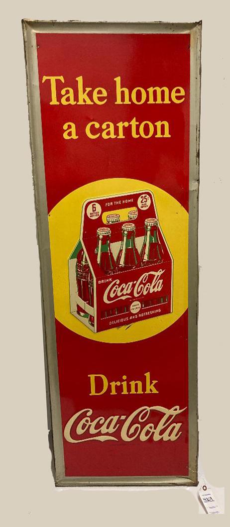 Nice, tall metal sign advertising Coke. Take Home a: Nice, tall metal sign advertising Coke. Take Home a Carton. Some wear along the edges. Blemish under the carton. Vivid red and yellow color. Approx. 18" W x 54" H.