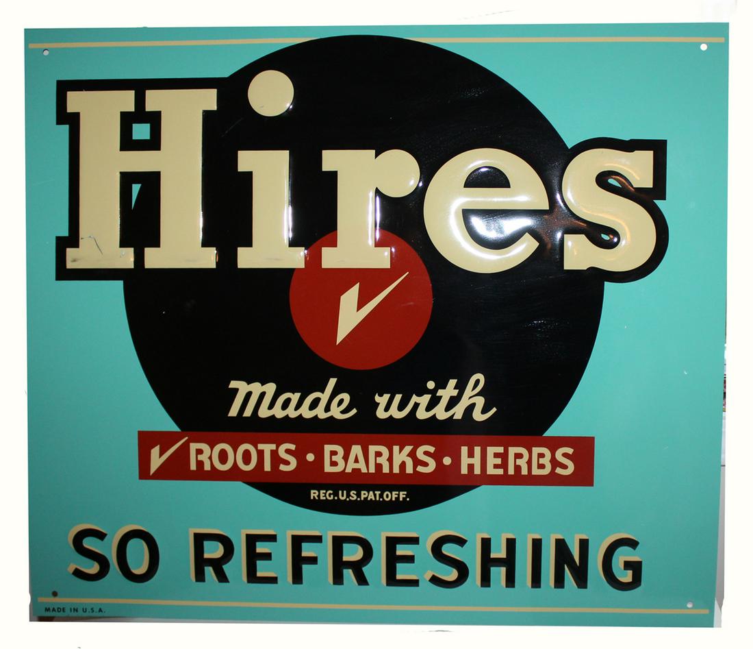 Pressed steel sign advertising Hires Root Beer.: Pressed steel sign advertising Hires Root Beer. Excellent original, condition with bright, strong color and graphics. 24" H x 28" W. Reg. US Patent Office. Made in USA.