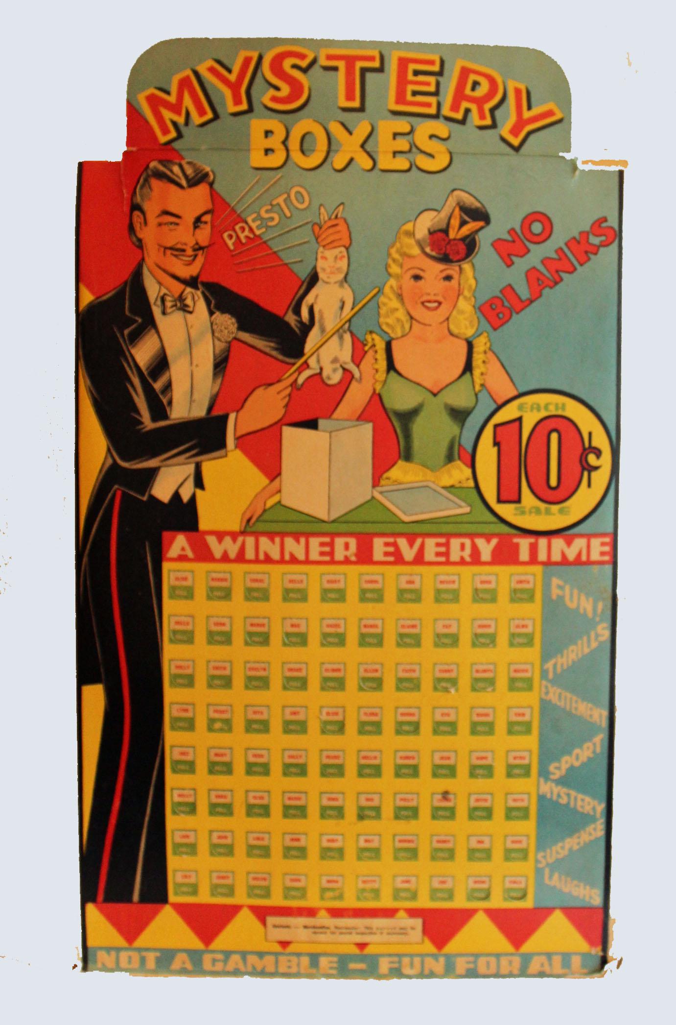 Novelty game of chance  Mystery Boxes.  For 10C you can (1 of 3)