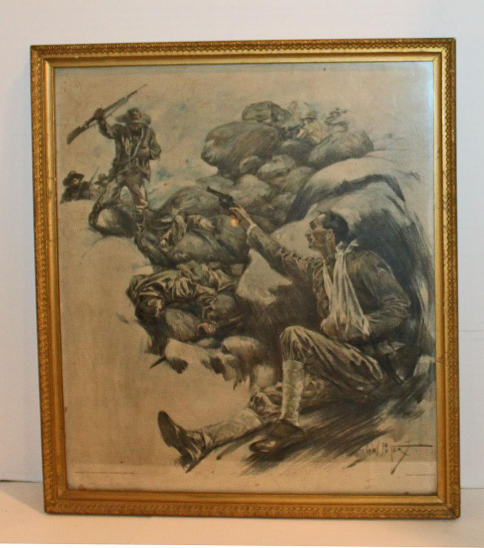 Framed print At Bay. Copyright by Smith & Wesson,: Framed print At Bay. Copyright by Smith & Wesson, Springfield, Mass., 1902. Frank Preysbrey, NY. Signed Peters. Soil and fading as would be expected of print this age. Age appropriate frame. Approx. 1