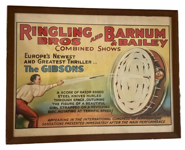 RINGLING BROTHERS AND BARNUM & BAILEY COMBINED SHOWS: 29” X 22” IN FRAME ERIE LITHO & PTG CO. CREASES IN POSTER AT FOLD LINES AND ONE TINY IMPERFECTION AT TOP WHERE IT IS IN THE FRAME.
