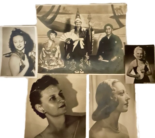 Group lot of 5 women magician photographs: photograph of two Japanese magicians, Henrietta Wurtzell, Suzy Wandas, Betty Charlton, Miss Babs- snake charmer Ringling Bros. 1949
