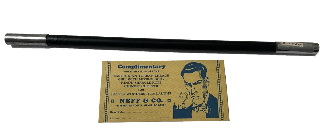 Bill Neff wand and complimentary guest ticket: Wand is indicated to have belonged to Bill Neff. Wand came from the collection of The House of Sorcery Magic Museum of the late Devon Smith. Wand is 14" in length, blackened walnut wood that is painte