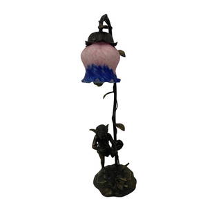 ANGEL TABLE LAMP: METAL LAMP WITH PINK AND BLUE SHADE AND ANGEL AT THE BASE APPROXIMATELY 18H