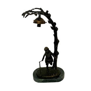 VICTORIAN STYLE TABLE LAMP: METAL LAMP DEPICTING A CHILD ROLLING A HOOP APPROXIMATELY APPROXIMATELY 18H