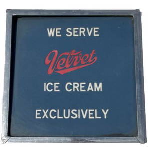 FRAMED VELVET ICECREAM ADVERTISEMENT: FRAMED RED, WHITE AND BLUE SIGN ADVERTISING VELVET ICECREAM MEASURES APPROXIMATELY 12 X 12