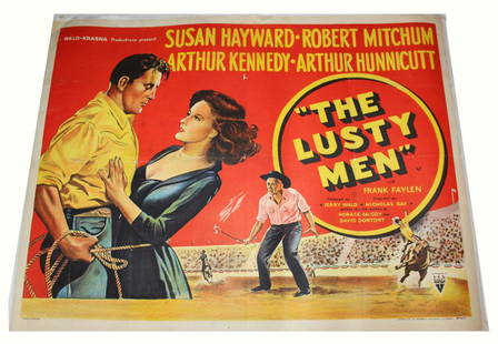 THE MOVIE LUSTY MEN MOVIE POSTER: POSTER ADVERTISING THE MOVIE LUSTY MEN STARRING SUSAN HAYWARD AND ROBERT MITCHUM. POSTER IS IN GOOD CONDITION AND COLORS ARE VIBRANT