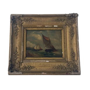 FRAMED NAUTICAL PAINTING: FRAMED IN GOLD FLORAL FRAME PAINTING OF SHIPS SAILING THE OCEAN MEASURES IN FRAME 16.S X 15.5 SOME CHIPPING PRESENT TO FRAME