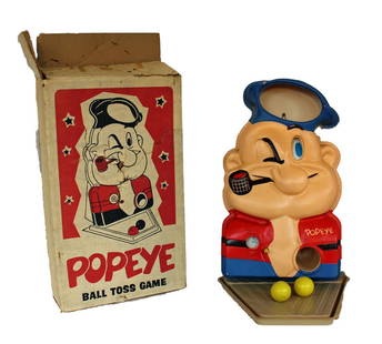 POPEYE BALL TOSS GAME: POPEYE BALL TOSS GAME MADE OF A THIN PLASTIC, IT COMES WITH THREE BALLS AND INSTRUCTIONS. THE SIZE IS APPROXIMATELY 12 X 4.5 X 20 INCHES TALL FOR BOX.