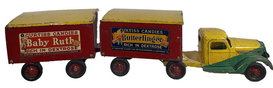 RARE TOY TRUCK W/ 2 TRAILERS ADVERTISING BABY RUTH & BUTTER FINGERS: RARE TOY TRUCK W/ 2 TRAILERS ADVERTISING BABY RUTH & BUTTER FINGERS