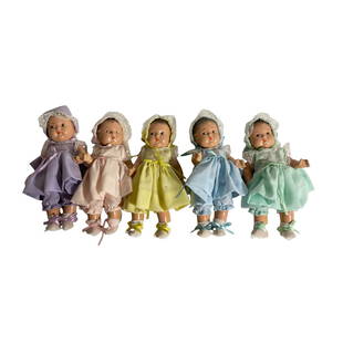 MADAM ALEXANDER DIONNE QUINTUPLETS: THESE DIONNE QUINTS ARE 5 PIECE COMPOSITION WITH PAINTED FEATURES. THEY WERE MADE BY THE MADAME ALEXANDER COMPANY AROUND 1935. THERE ARE A COUPLE OF VERY MINOR PAINT TOUCH-UPS, BUT OVERALL ARE IN