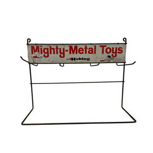 HUBLEY METAL TOY RACK: HUBLEY MIGHT METAL TOYS RACK MEASURES 17"HX 22.5 L 6.5 DEEP. LETTERS AND GRAPHICS ARE GOOD WITH 3 RACKS FOR HANGING TOYS FOR DISPLAY