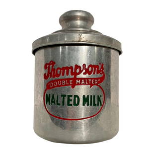 THOMPSON'S DOUBLE MALTED MILK CONTAINER WITH LID: THOMPSON'S DOUBLE MALTED MILK CONTAINER WITH LID RED AND GREEN LETTERING APPROXIMATELY 8.5H WITH LID