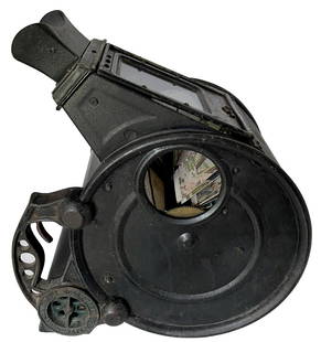 1 CENT WHITINGS SCULPTOSCOPE ARCADE VIEWER: THIS STEREOSCOPE VIEWER IS MADE OF CAST IRON WITH OCULAR PIECE AND FROSTED GLASS DISPLAYS, MANUFACTURED IN THE EARLY 1900'S ITEM DISPLAYS LANDSCAPES NO KEY, LOADED WITH COINS DIMENSIONS: 12.5 x