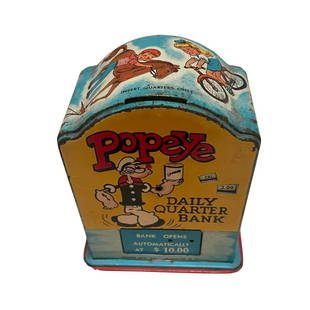 POPEYE METAL QUARTER BANK: POPEYE METAL QUARTER BANK, PAINT IS GOOD APPROXIMATELY 5 INCHES TALL