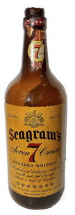 VINTAGE SEAGRAM'S 7 CROWN BLENDED WHISKEY GLASS BOTTLE: DISPLAY BOTTLE MEASURES 28 TALL USED AS A STORE DISPLAY MADE FROM THE SAME GLASS AS THEIR BOTTLED WHISKEY , CHIP AT THE NECK OF THE BOTTLE THIS IS NOT DAMAGE, THE BOTTLE LEFT THE SEAGRAM'S FACTORY