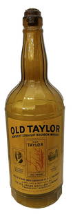 OLD TAYLOR KENTUCKY STRAIGHT BOURBON WHISKY GLASS BOTTLE: ORIGINAL CIRCA 1940s-1950s GLASS DISPLAY BOTTLE OLD TAYLOR KENTUCKY STRAIGHT BOURBON BY NATIONAL DISTILLERS APPROXIMATELY 25 INCHES TALL