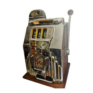 BUCKLEY CRISS CROSS 10 CENT SLOT WITH 15.00 JACKPOT: BUCKLEY CRISS CROSS 10 CENT SLOT WITH JACKPOT MEASURES APPROXIMATELY 19.5H X 15W CHROME IS IMPECCABLE WITH KEY APPEARS TO BE IN WORKING CONDITION