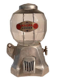 ONE CENT MAGNA GUM DISPENSER: 1 CENT MAGNA VENDER CANDY PEANUT / CANDY DISPENSER, CIRCA 1930'S.