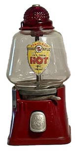 SILVER KING HOT 5 CENT VENDING PEANUT MACHINE: CAST IRON HOT PEANUT DISPENSER WITH GLASS GLOBE 15 TALL