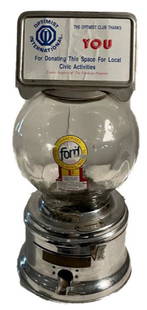 FORD ONE CENT COIN OP DISPENSER: VINTAGE FORD GUM GUMBALL OPTOMIST CLUB VENDING MACHINE COLLECTOR WITH GLASS DOME